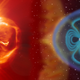 The Earth’s magnetosphere and the Sun.